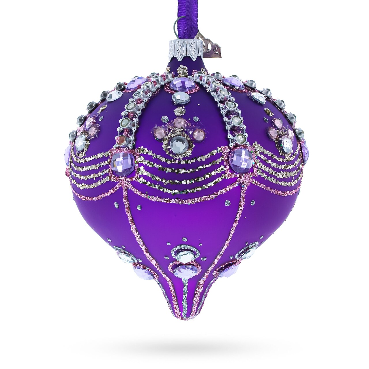 Sparkly Diamonds on Purple Onion-Shape Finial Glass Christmas Ornament